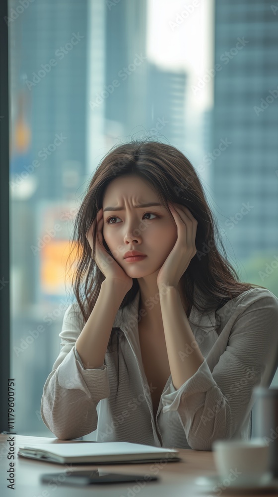 Woman with Frustrated Expression in Modern Office Setting Woman with Frustrated Expression in Modern Office Setting