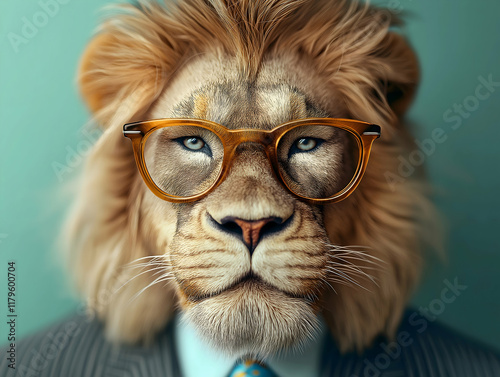 A stylish lion wears glasses and a suit, blending the regal essence of a king of the jungle with a sophisticated human appearance. photo