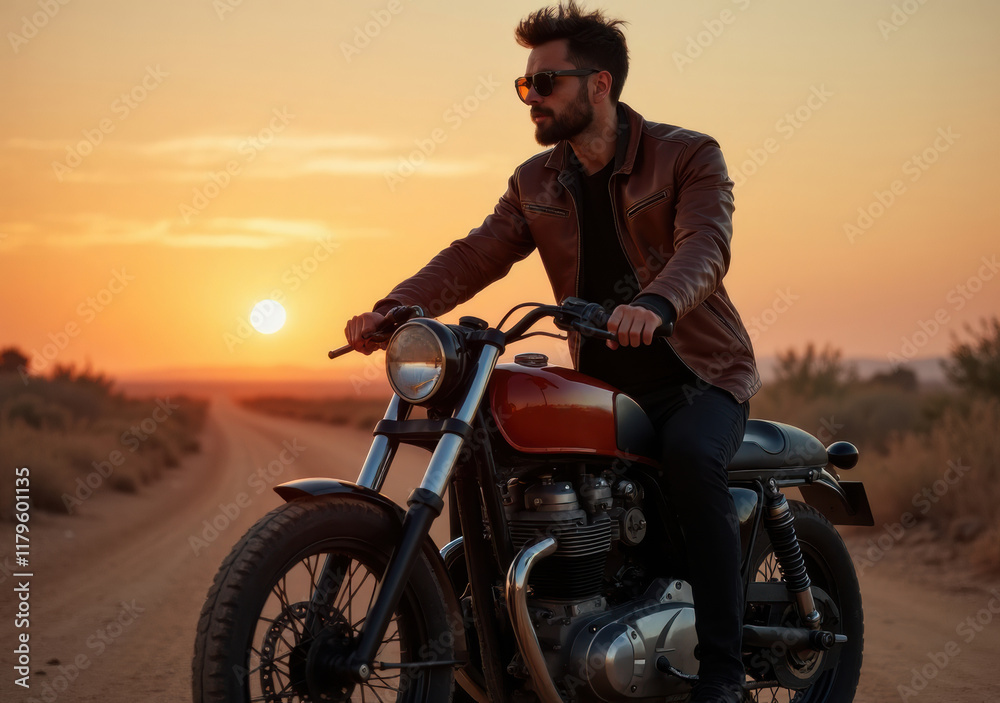 Obraz premium Rider on vintage motorcycle during sunset on desert road