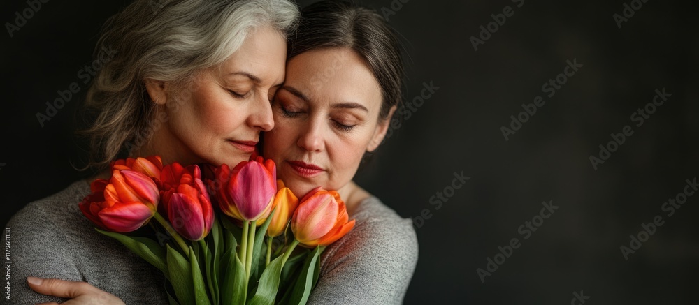 Affectionate embrace between middle-aged mother and young adult daughter holding vibrant tulips against a dark background with ample space for text