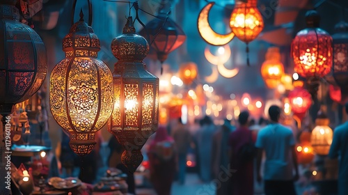 Ramadan Lanterns and Crescent Moons Illuminating a Night Market with Festive Lights and Celebration photo