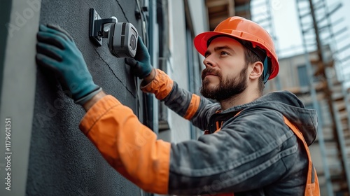 A construction worker who is instaling a security camera on the exterior wall of a house photo