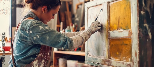 Female furniture restorer in home workshop skillfully painting antique cupboard parts with focus on craftsmanship and empty space for text. photo