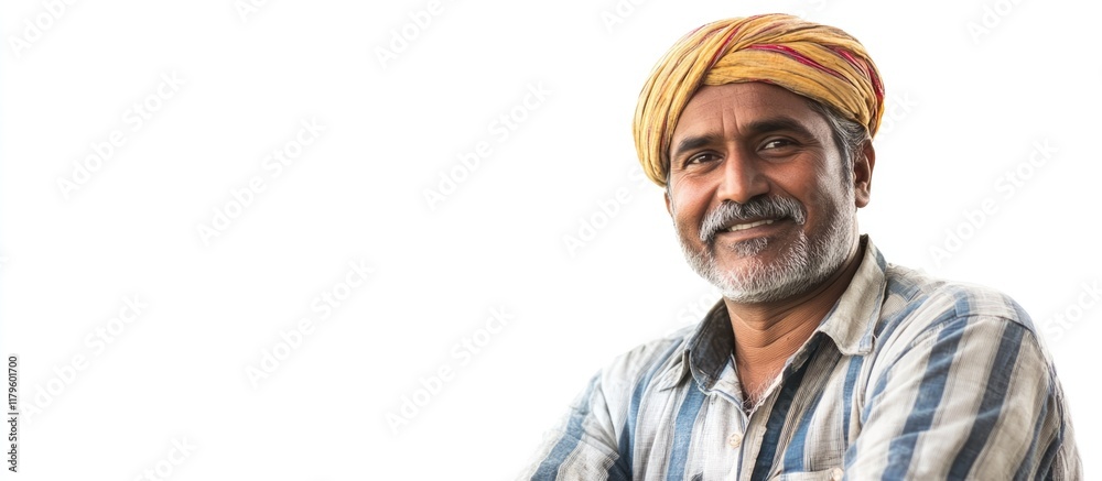 Smiling elderly Indian farmer wearing traditional turban against bright white background showcasing joyful expression and ample copyspace for text Smiling elderly Indian farmer wearing traditional turban against bright white background showcasing joyful expression and ample copyspace for text