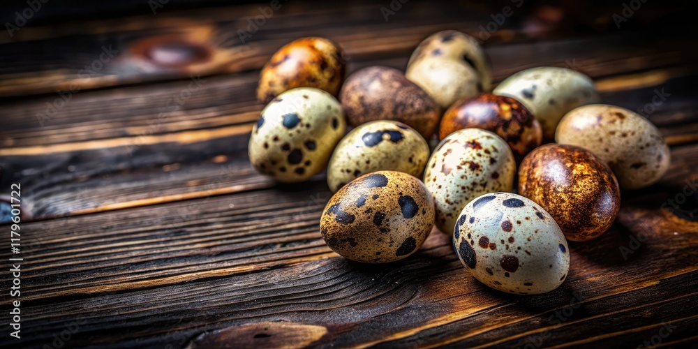 Overhead shot: Tiny quail eggs nestled together, dark backdrop, creating a dramatic food image. Overhead shot: Tiny quail eggs nestled together, dark backdrop, creating a dramatic food image.