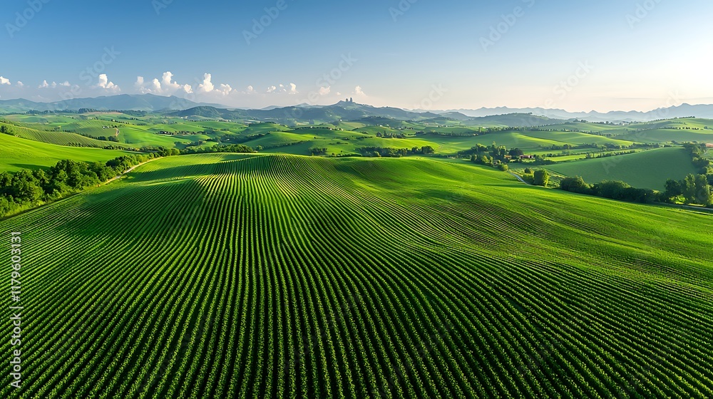 Aerial view of rolling green hills and vineyards under a clear blue sky. Aerial view of rolling green hills and vineyards under a clear blue sky.