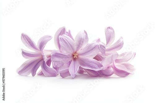Low Angle Shot of Delicate Purple Hyacinth Flower with Soft Petals Against White Background
