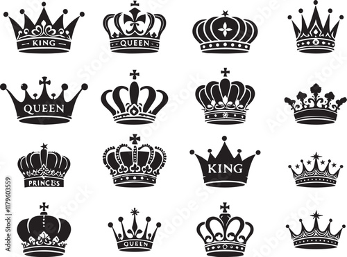 Royal king crown queen princess tiara diadem prince crowns silhouette logo vector illustration set