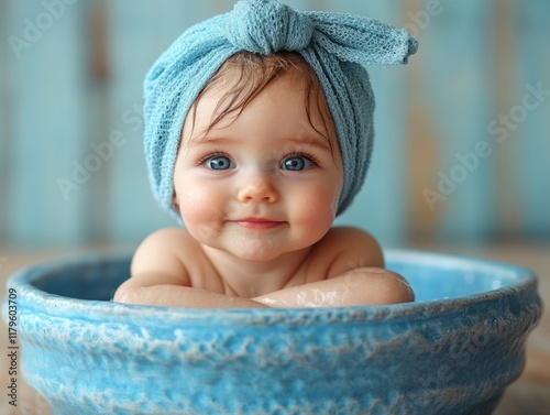 Cheerful baby girl with blue towel on head enjoying bath in blue basin, bright bathroom setting with ample copyspace for text, joyful expression. photo