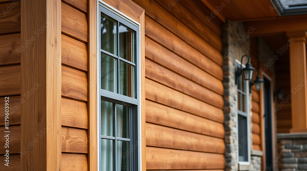 Fototapeta premium Brown Wood Siding Exterior with Window and Stone Accents