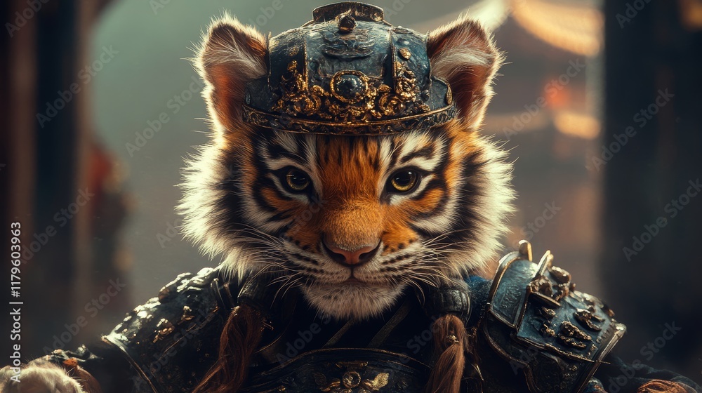 Fototapeta premium A cute little tiger wearing ancient Chinese armor