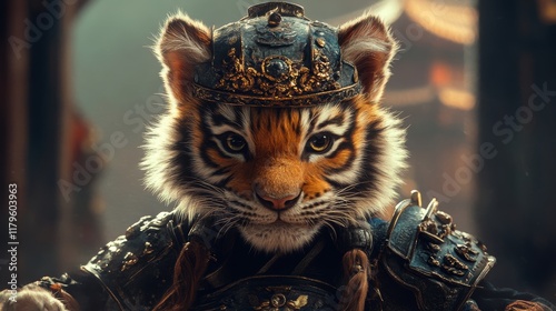 A cute little tiger wearing ancient Chinese armor