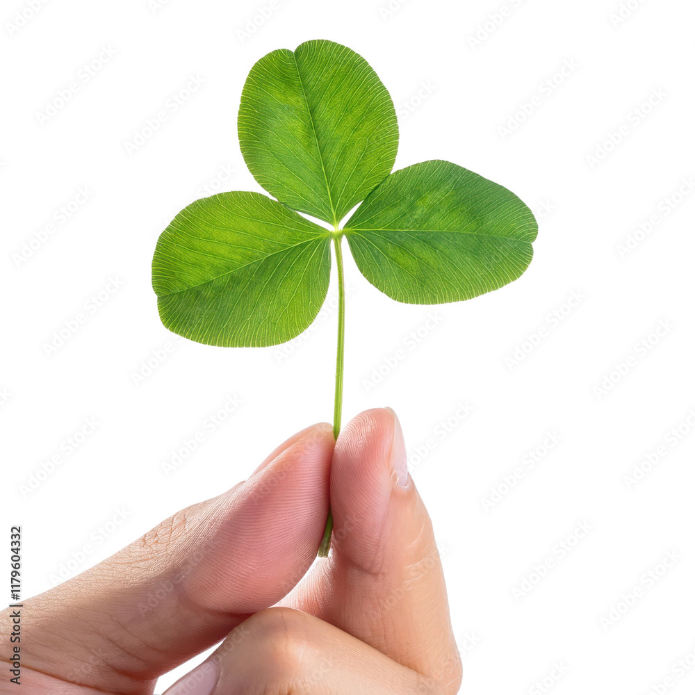 Hand holding a four-leaf clover, white isolated background. Hand holding a four-leaf clover, white isolated background.