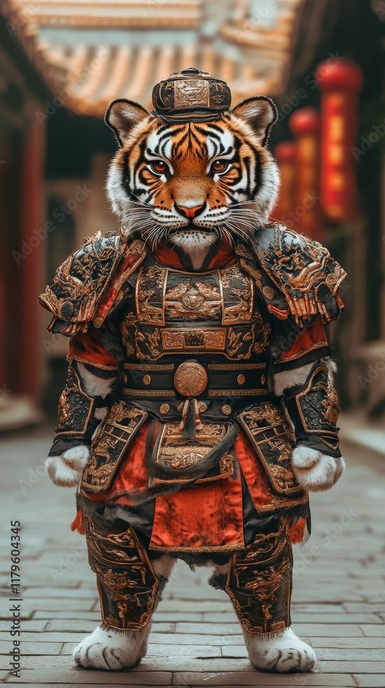 Fototapeta premium A cute little tiger wearing ancient Chinese armor
