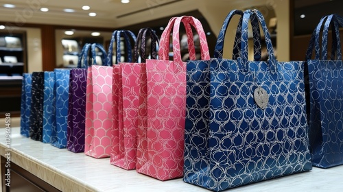 Colorful tote bags displayed in upscale retail store. photo