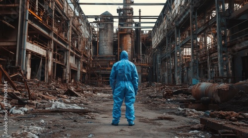 Men in blue protective overalls surveying an abandoned industrial site reflecting environmental pollution and ecological catastrophe with debris and empty spaces for text
