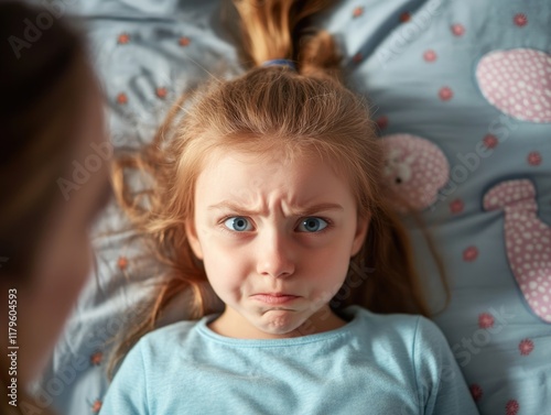 Offended young girl with expressive eyes lying on a pastel blue bedspread while concerned mother engages in conversation showcasing emotional connection and conflict resolution in family dynamics photo