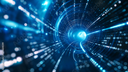 Abstract Blue Digital Tunnel With Glowing Lights. Generative AI