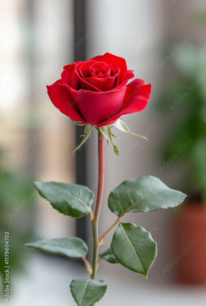Fototapeta premium stunning red rose with long stem, showcasing its vibrant petals and lush green leaves, perfect for expressing love and admiration