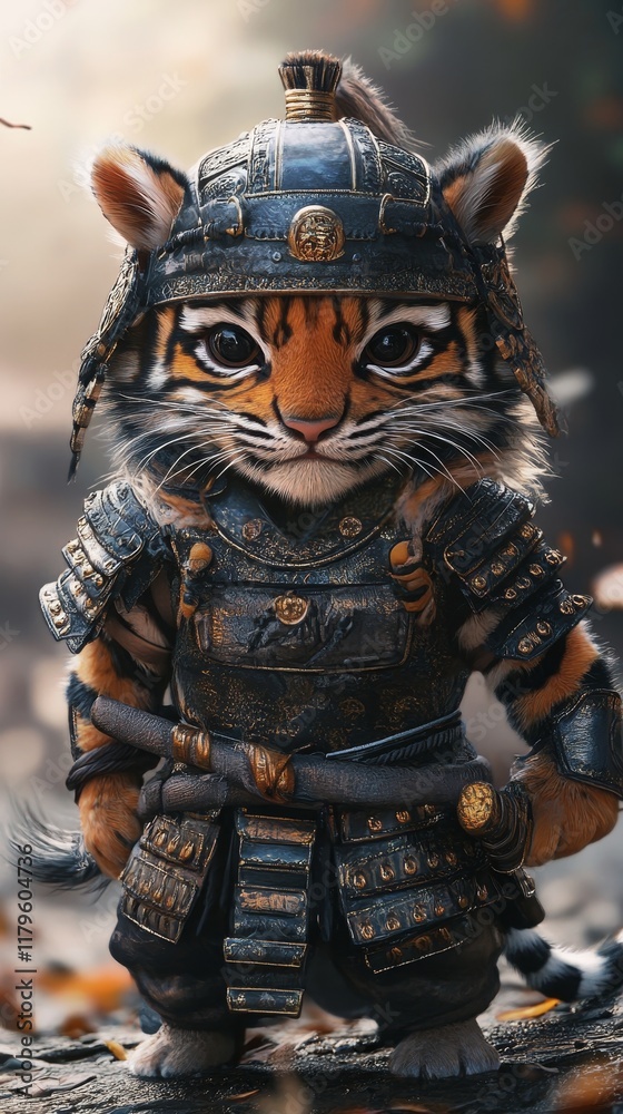 Fototapeta premium A cute little tiger wearing ancient Chinese armor
