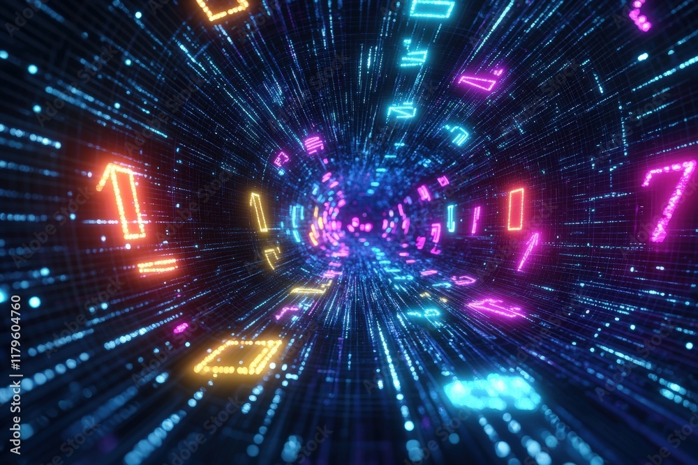 Digital Data Stream: A vibrant tunnel of glowing neon numbers and symbols, swirling and speeding through a dark digital space. The abstract imagery evokes a sense of movement, speed. Digital Data Stream: A vibrant tunnel of glowing neon numbers and symbols, swirling and speeding through a dark digital space. The abstract imagery evokes a sense of movement, speed.