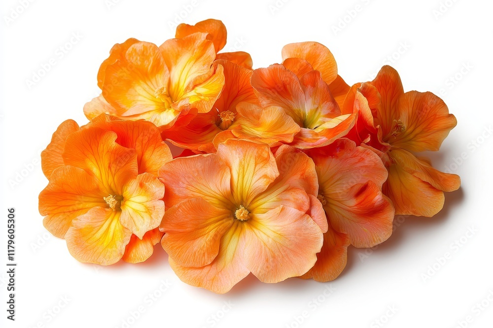 Fototapeta premium Bright Orange Primrose Flowers in Full Bloom Isolated on White Background