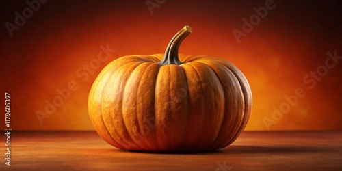 Giant Autumn Pumpkin on Vibrant Orange Background - Stock Photo photo