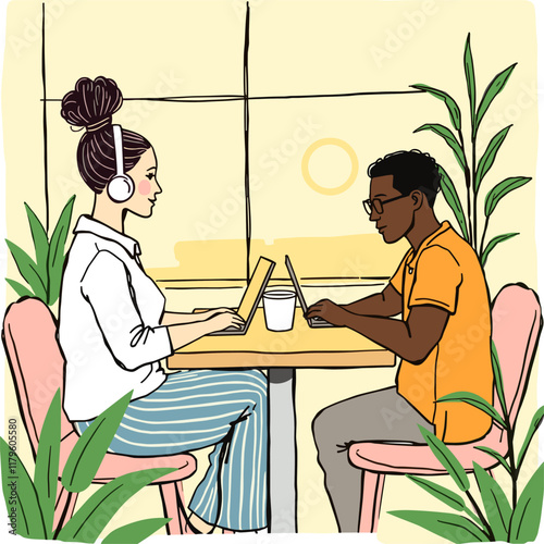 Multiracial couple, young man and woman sitting at the desk, working on laptop in comfortable cafe. Vector sketch style illustration