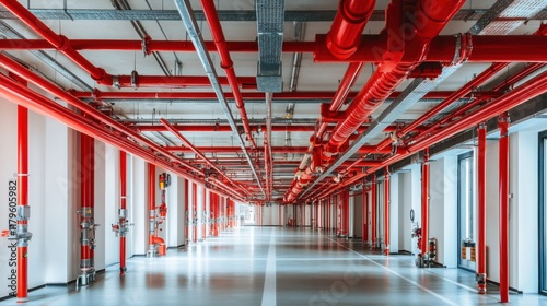 Modern Building Interior Fire Suppression System Red Pipes photo