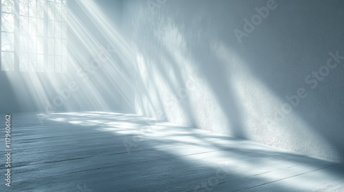 A completely white wall illuminated by rays of sunlight, creating a serene and peaceful atmosphere, with a soft and minimalistic aesthetic, ideal for showcasing light, space, and simplicity.