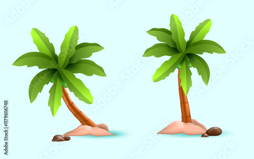 coconut trees 3D cartoon symbols isolated on the light blue background.summer and beach side tropical plants concept clip art vector illustration.