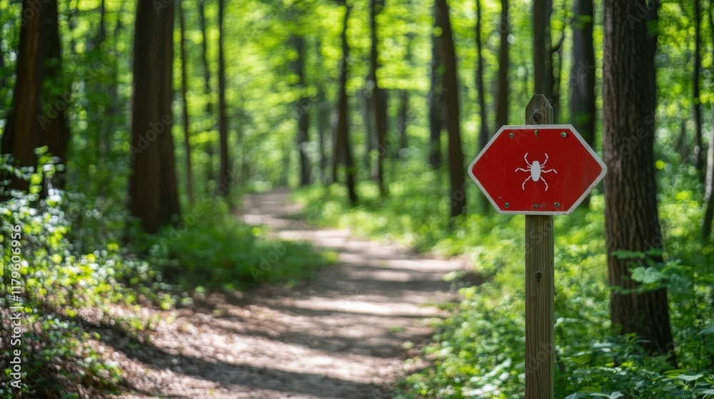 Trail in Forest with Warning Sign for Insects and Wildlife Hazards Trail in Forest with Warning Sign for Insects and Wildlife Hazards
