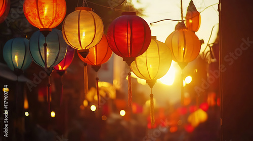 Colorful lanterns illuminated at sunset, creating a warm and festive atmosphere.