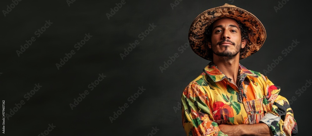 Portrait of Brazilian man in vibrant floral attire and straw hat for Festa Junina celebration with dark green background and empty text space Portrait of Brazilian man in vibrant floral attire and straw hat for Festa Junina celebration with dark green background and empty text space