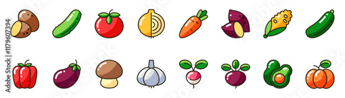 Set of color icons of vegetables with outline. Collection of icons of linear vegetables in color. Graphic elements of linear design. Healthy food, organic products, agricultural harvest.