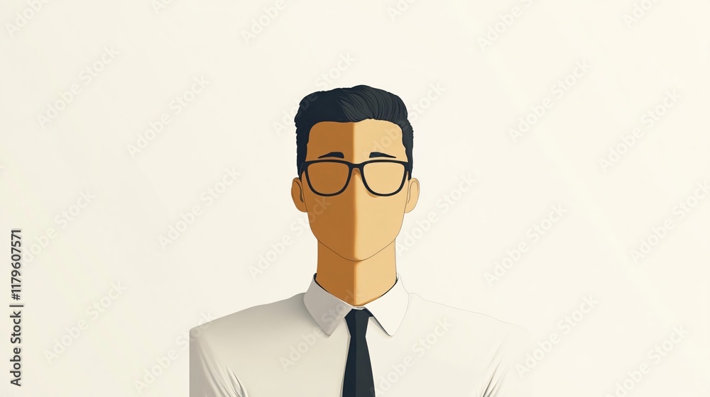 Portrait of a man in glasses, white shirt, and black tie. Modern, minimalist illustration. Portrait of a man in glasses, white shirt, and black tie. Modern, minimalist illustration.