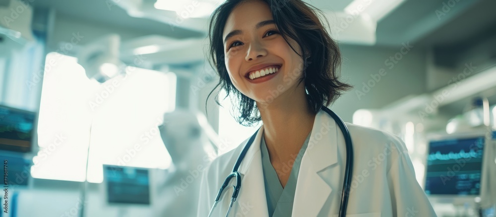 Fototapeta premium Cheerful young Asian female doctor smiling in bright hospital room with stethoscope around her neck and large empty copyspace for text