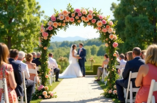 A bride and groom are happily getting married under a beautiful floral archway