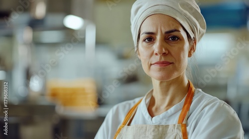 Fototapeta Naklejka Na Ścianę i Meble -  Experienced female chef in white uniform and chef hat posing confidently in modern kitchen with industrial equipment and empty copyspace for text