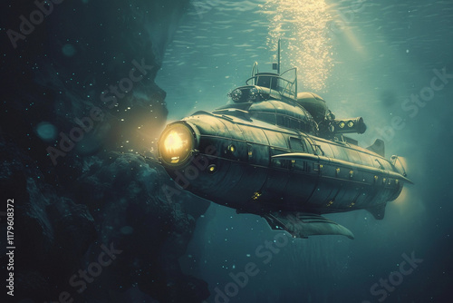 Beautiful large bathyscaphe floating in middle of deep ocean during exploration, abstract vivid composition consists of fictional unreal fantastic vision on background photo