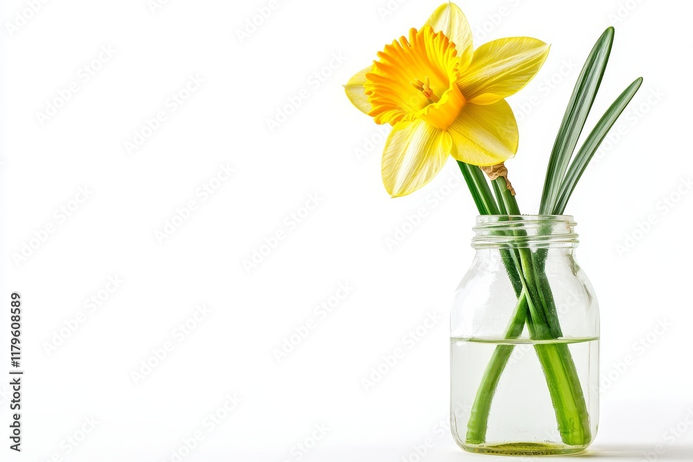 Fototapeta premium Bright and Cheerful Fresh Daffodil Flower in a Jar on White Background