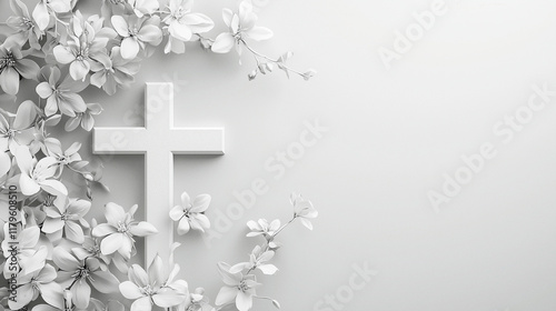 Minimalistisches weißes Kreuz mit zarten Blumen als symbolische Darstellung von Frieden und Glauben, Hintergrund, Gedenkkarte, Trauerkarte, Vorlage photo