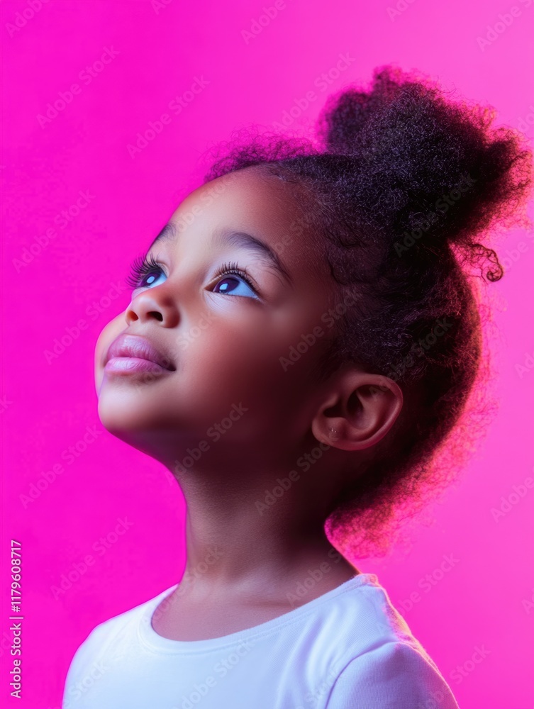 Portrait of young African American girl gazing upwards against vibrant pink neon background with ample copyspace for text and creativity Portrait of young African American girl gazing upwards against vibrant pink neon background with ample copyspace for text and creativity