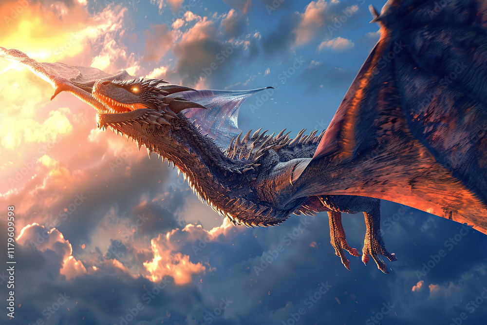 Fantastically beautiful mythological dragon with big wide wings, abstract vivid composition consists of fictional unreal fantastic vision on background Fantastically beautiful mythological dragon with big wide wings, abstract vivid composition consists of fictional unreal fantastic vision on background