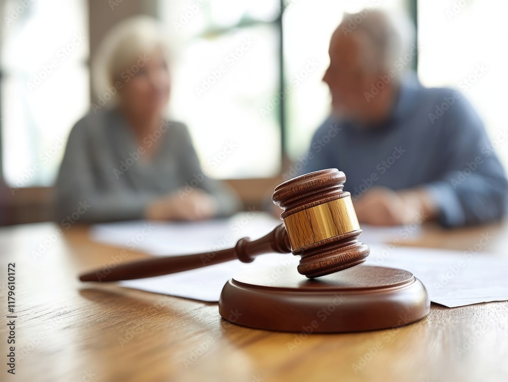 Senior couple consulting attorney for financial planning retirement and will in bright home office with legal documents and gavel on wooden table