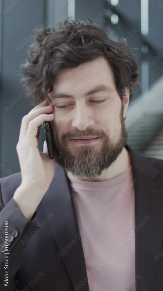 Vertical shot of businessman in smart casual outfit walking through modern office and speaking on cell phone Vertical shot of businessman in smart casual outfit walking through modern office and speaking on cell phone