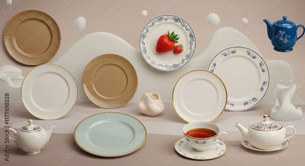 White dinnerware set for display as in flamboyant arts created to stand out, generative Ai