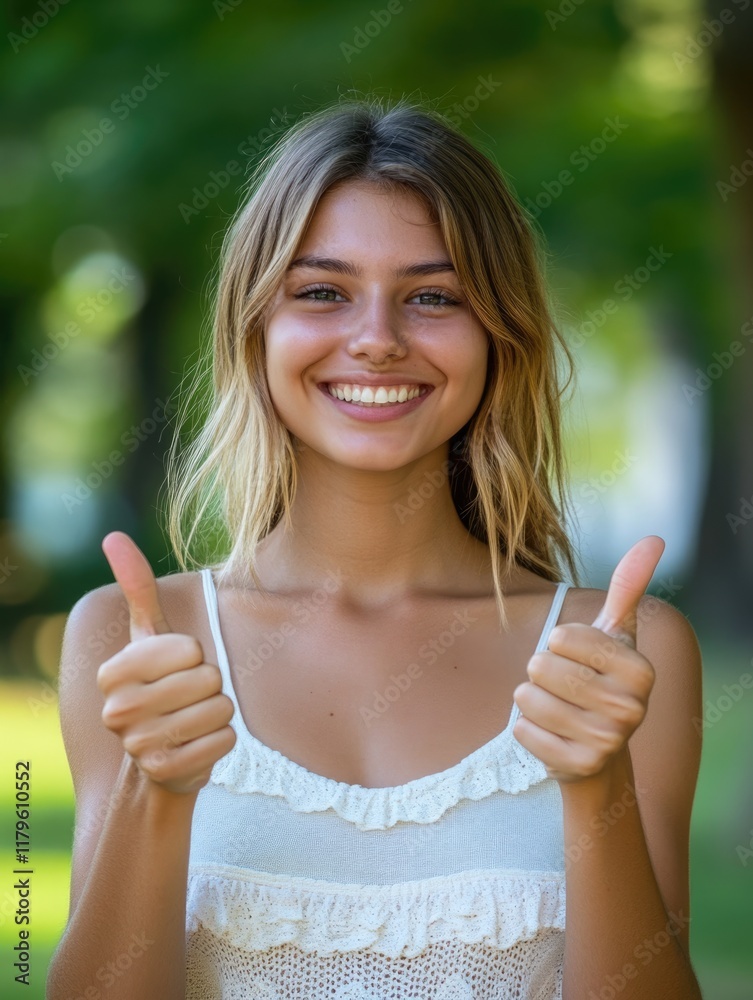Smiling young woman showing thumbs up gesture in summer park with green blurred background and ample copyspace for text and design elements Smiling young woman showing thumbs up gesture in summer park with green blurred background and ample copyspace for text and design elements