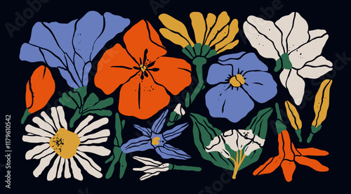Abstract dry plants. Pressed summer flowers. Various Herbarium branches, Flowers and Leaves. Cartoon style. Hand drawn modern Vector illustration. Isolated design elements. Floral, botanical concept
