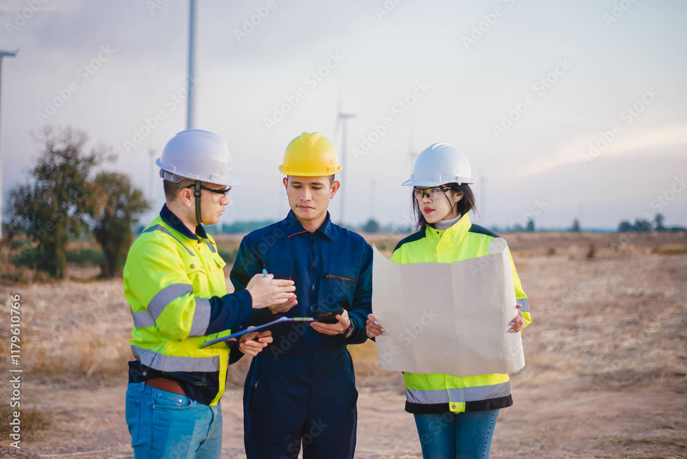 Engineer, technician, and architect met to inspect the area for installing wind turbines to produce renewable energy for the community. Engineer, technician, and architect met to inspect the area for installing wind turbines to produce renewable energy for the community.